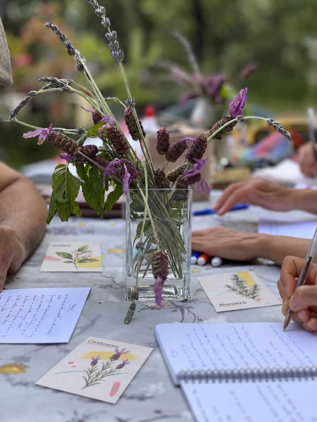 Personas escribiendo alrededor de una mesa con cantueso