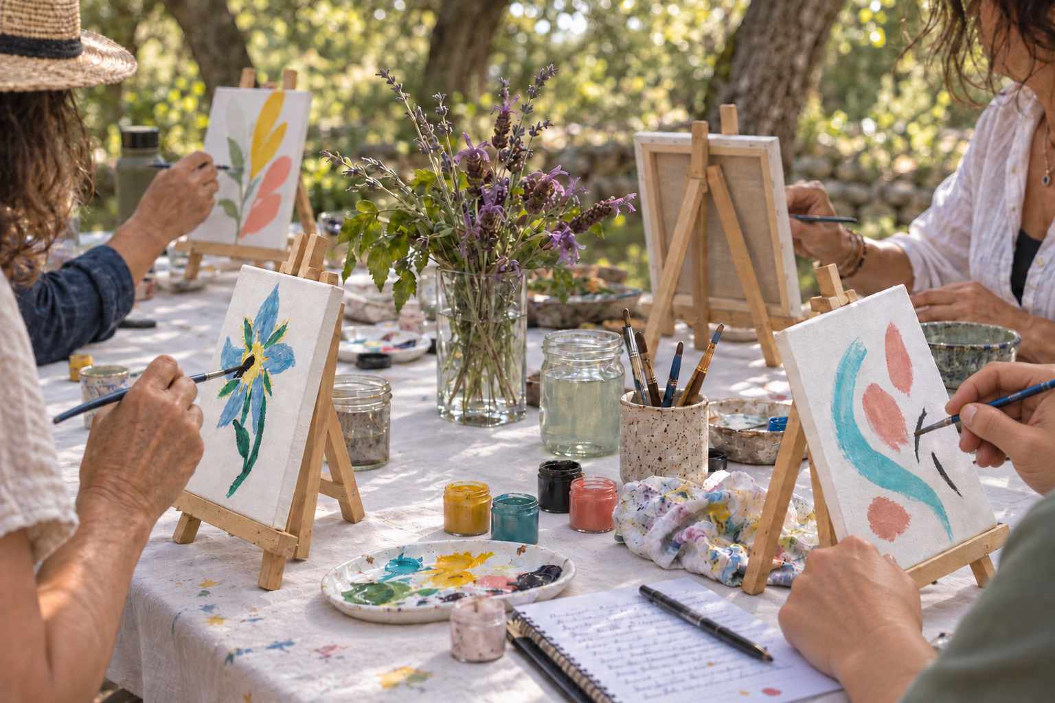 Personas pintando en un taller de biocreatividad al aire libre